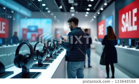 Tech Store Early Black Friday Sale with Digital Banners and Calm Shoppers Tech Store Early Black Friday Sale with Digital Banners and Calm Shoppers 133648588
