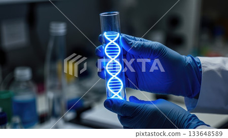 Lab Hands with Glowing DNA in Test Tube 133648589