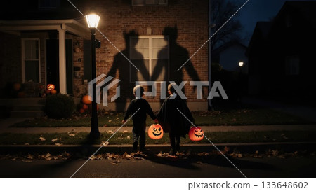Kids in Costumes Casting Huge Monster Shadows on Wall on Halloween Kids in Costumes Casting Huge Monster Shadows on Wall on Halloween 133648602