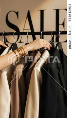 Elegant Hands Selecting Evening Wear During End of Season Sale Event 133648604