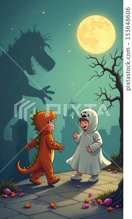 Children in Cute Costumes Casting Playful Cartoon Shadows on Halloween Children in Cute Costumes Casting Playful Cartoon Shadows on Halloween 133648606