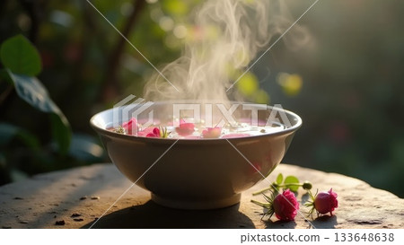 Steam Rising from Herbal Facial Steam Bowl 133648638