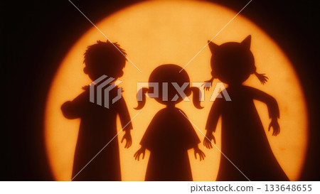 Children in Cute Costumes Casting Playful Cartoon Shadows on Halloween Children in Cute Costumes Casting Playful Cartoon Shadows on Halloween 133648655
