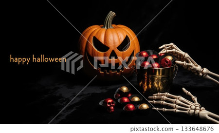 Elegant Skeletal Hands Arranging Dark Candy on Velvet Halloween Elegant Skeletal Hands Arranging Dark Candy on Velvet Halloween 133648676