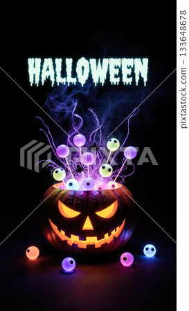 Neon Candy Explosion from Pumpkin on Black for Night Halloween Events 133648678