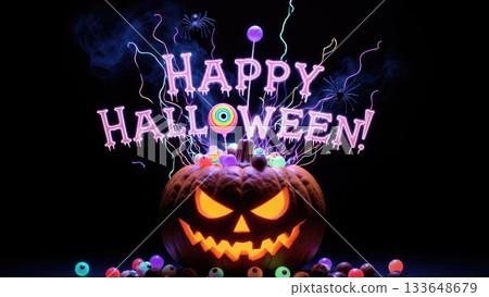 Neon Candy Explosion from Pumpkin on Black for Night Halloween Events 133648679
