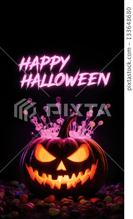 Neon Candy Explosion from Pumpkin on Black for Night Halloween Events Neon Candy Explosion from Pumpkin on Black for Night Halloween Events 133648680