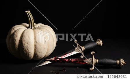 Elegant Dark Still Life with White Pumpkin and Antique Bloody Dagger Elegant Dark Still Life with White Pumpkin and Antique Bloody Dagger 133648681