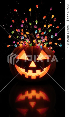 Neon Candy Explosion from Pumpkin on Black for Night Halloween Events 133648688