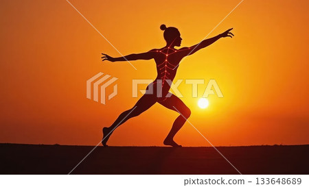 Dancer Silhouette with Musculoskeletal Glow at Sunset 133648689