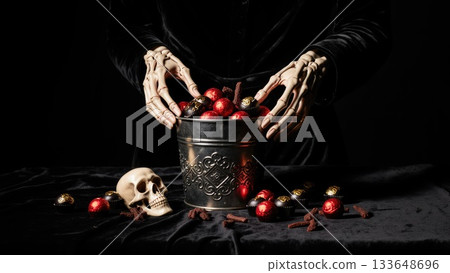 Elegant Skeletal Hands Arranging Dark Candy on Velvet Halloween Elegant Skeletal Hands Arranging Dark Candy on Velvet Halloween 133648696
