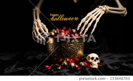 Elegant Skeletal Hands Arranging Dark Candy on Velvet Halloween Elegant Skeletal Hands Arranging Dark Candy on Velvet Halloween 133648703