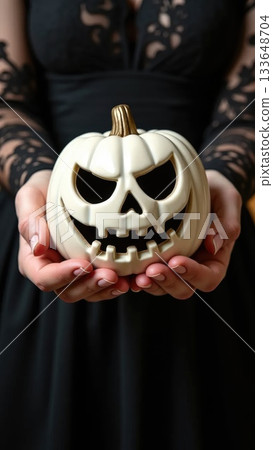 Elegant Hands in Black Lace Holding White Victorian Jack-o-Lantern 133648704