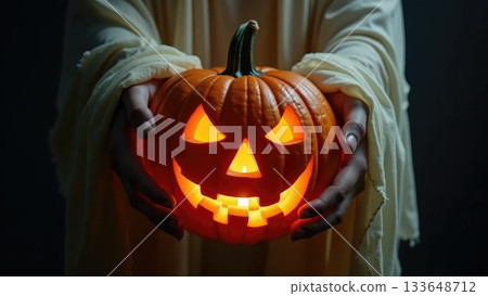 Ghost Hands Holding Glowing Jack-o-Lantern Pumpkin with Spooky Light 133648712