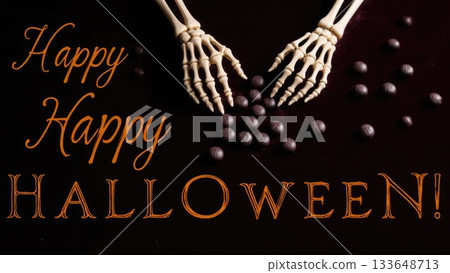 Elegant Skeletal Hands Arranging Dark Candy on Velvet Halloween 133648713