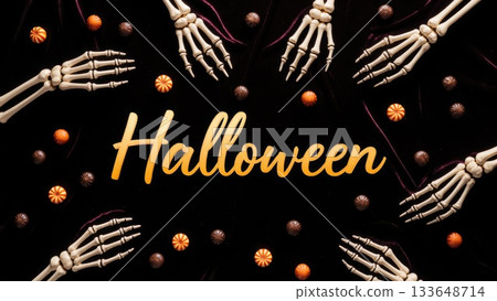 Elegant Skeletal Hands Arranging Dark Candy on Velvet Halloween Elegant Skeletal Hands Arranging Dark Candy on Velvet Halloween 133648714