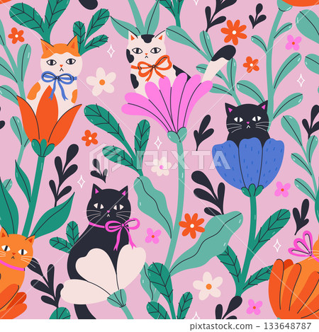 Seamless pattern with cats sitting in a flowers. Vector graphics. 133648787