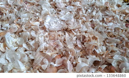 Translucent Garlic Peel Texture Background. Close-up of Dry White and Pinkish-Brown Allium Sativum Translucent Garlic Peel Texture Background. Close-up of Dry White and Pinkish-Brown Allium Sativum 133648860