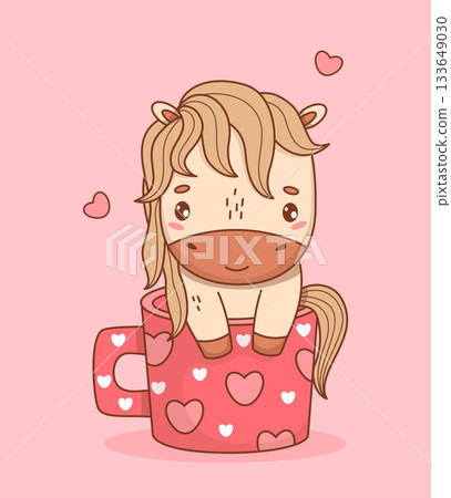 Romantic Cute Horse in Cup of Hearts. Little enamored Cartoon Pony Kawaii Animal on Pink Background. Vector illustration. Kids collection. Not AI Romantic Cute Horse in Cup of Hearts. Little enamored Cartoon Pony Kawaii Animal on Pink Background. Vector illustration. Kids collection. Not AI 133649030