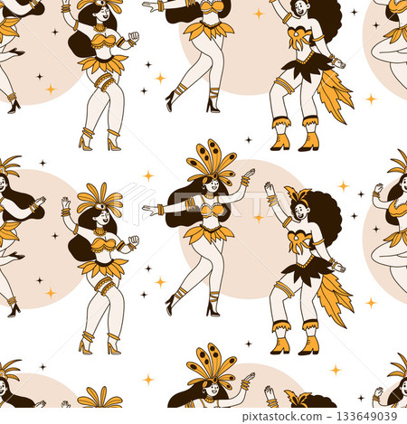 Women Carnival Dancers Seamless Pattern. Happy Female Character in Masquerade Costumes with Feathers on White Background. Color Hand Drawing Doodle. Vector Square Illustration. Not AI Women Carnival Dancers Seamless Pattern. Happy Female Character in Masquerade Costumes with Feathers on White Background. Color Hand Drawing Doodle. Vector Square Illustration. Not AI 133649039