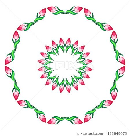 Set of floral round frames of red pink tulips Set of floral round frames of red pink tulips 133649073