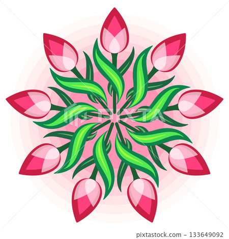 Bright round mandala ornament of red pink flowers Bright round mandala ornament of red pink flowers 133649092