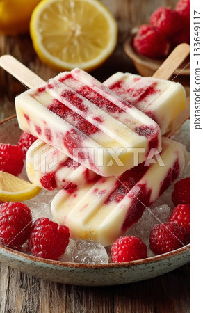 Refreshing raspberry lemon popsicles on crushed ice 133649117