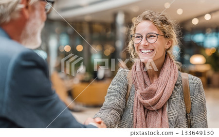 Professionals shaking hands at business meeting 133649130