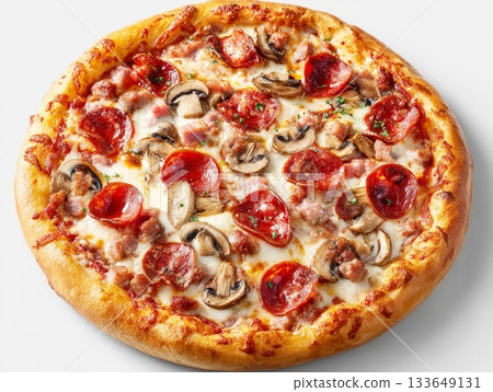 Pizza with pepperoni, sausage, ham, and mushrooms 133649131
