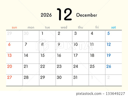 2026 年曆 12 月 133649227