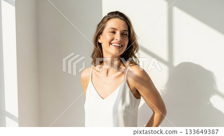 Lifestyle portrait of a woman standing with a smile in natural light 133649387