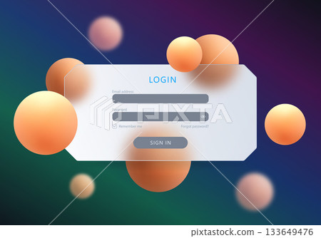 Modern glass entrance panel with floating orange spheres on colorful gradient background for website and app design 133649476