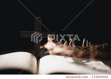 Closeup of Jesus Christ wearing crown of thorns during His crucifixion captures the suffering, sacrifice, and deep spirituality that define Easter and the core of Christian faith and religion. Closeup of Jesus Christ wearing crown of thorns during His crucifixion captures the suffering, sacrifice, and deep spirituality that define Easter and the core of Christian faith and religion. 133649483