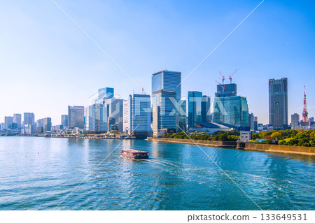Tokyo cityscape in Japan: Views of Takeshiba, Hamamatsucho, the water bus "Ryuma," Tokyo Tower, and more 133649531