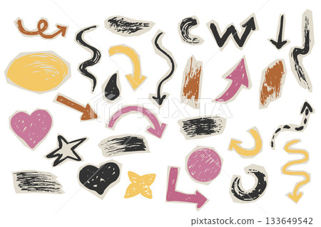 Cutout torn paper pieces geometric shapes, arrows, grunge crayon hand drawn set. Collage funky, groovy retro doodle parts, scrapbook elements, design Cutout torn paper pieces geometric shapes, arrows, grunge crayon hand drawn set. Collage funky, groovy retro doodle parts, scrapbook elements, design 133649542
