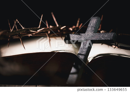 Crucifixion of Jesus Christ, nail-pierced hands, crown of thorns, cross, symbol of Christianity, representing holy sacrifice, passion, faith central to Easter celebration, religious tradition. 133649655