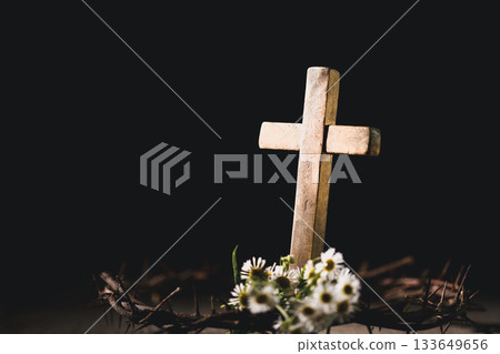 Closeup of Jesus Christ wearing crown of thorns during His crucifixion captures the suffering, sacrifice, and deep spirituality that define Easter and the core of Christian faith and religion. 133649656