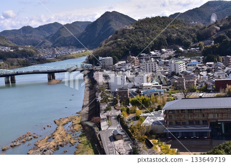 Inuyama City, Aichi Prefecture, Japan: Inuyama Castle in spring and cherry blossoms in full bloom. View from the top floor of the national treasure castle tower, the surrounding cityscape and nature. 133649719