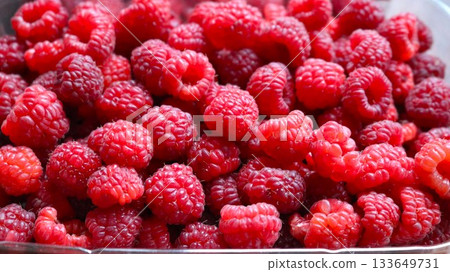 handful of fresh raspberries lying in a container, red ripe berries containing vitamins, with a wonderful aroma, raspberries for sale at the market, a tray with berries close-up, raspberry background handful of fresh raspberries lying in a container, red ripe berries containing vitamins, with a wonderful aroma, raspberries for sale at the market, a tray with berries close-up, raspberry background 133649731