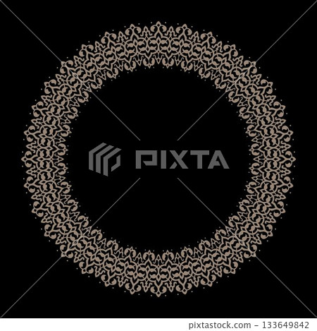 Oriental vector pattern with arabesques and floral elements. An intricate, circular ornamental border in gold a black background. Traditional classic ornament 133649842