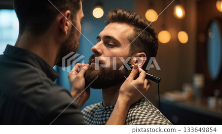 Stylish man receiving beard grooming in a modern barbershop, barber carefully trimming and styling beard with professional tools Stylish man receiving beard grooming in a modern barbershop, barber carefully trimming and styling beard with professional tools 133649854