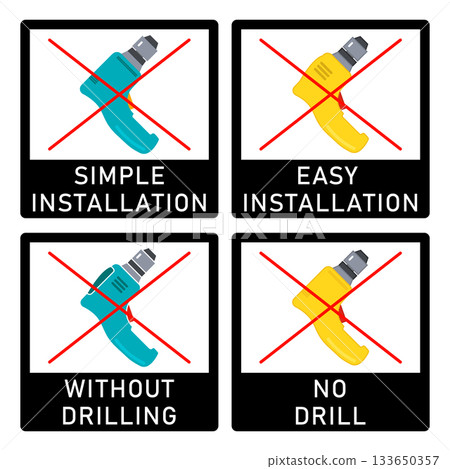 No drill, without drilling, easy installation, simple installation icon with power drill symbol. Crossed out vector clipart and sign. Design template for website elements, tag, sticker and other use. No drill, without drilling, easy installation, simple installation icon with power drill symbol. Crossed out vector clipart and sign. Design template for website elements, tag, sticker and other use. 133650357