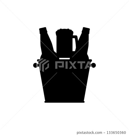 Beer bottles in a bucket with beer mug. Black silhouette on white background. Isolated vector template. 133650360