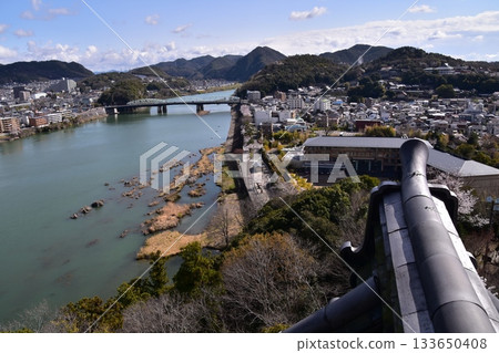 日本愛知縣犬山市：春天的犬山城，櫻花盛開。從國寶級城堡塔樓的頂層俯瞰周圍的城市景觀和自然風光。 133650408