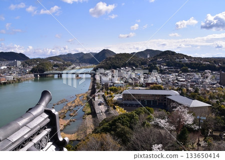 日本愛知縣犬山市：春天的犬山城，櫻花盛開。從國寶級城堡塔樓的頂層俯瞰周圍的城市景觀和自然風光。 133650414