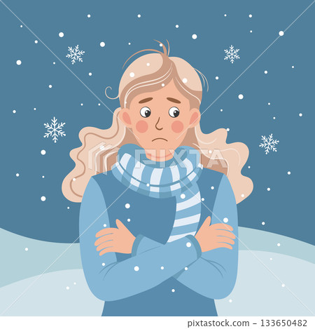 Young woman shivering in a cold winter snowy landscape. Woman is freezing from the cold. Illustration. Young woman shivering in a cold winter snowy landscape. Woman is freezing from the cold. Illustration. 133650482