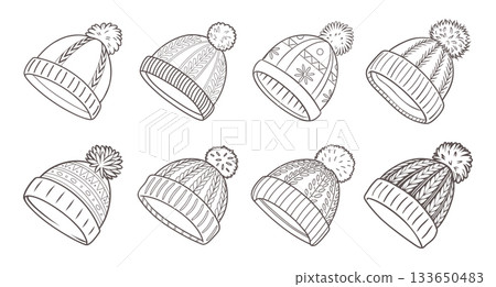 Collection of knitted winter hats with pom poms. Line art illustration. Collection of knitted winter hats with pom poms. Line art illustration. 133650483