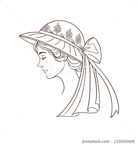 Beautiful woman in a vintage hat with a veil. Profile. Line art Illustration. 133650489