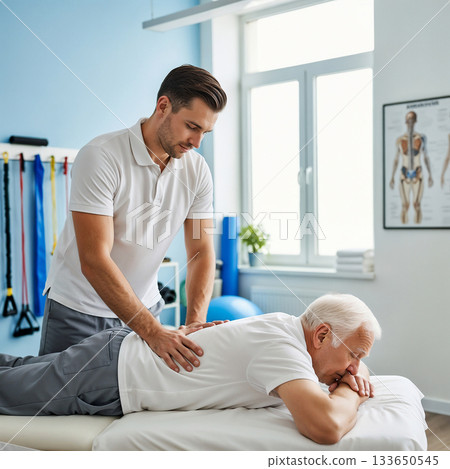Professional male physiotherapist performing therapeutic back massage for an elderly man in a bright medical clinic 133650545