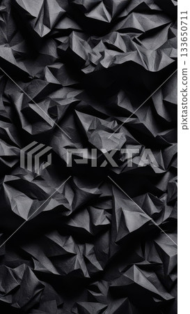 Black crumpled paper texture with deep folds and sharp shadows, abstract dark surface for background and graphic design projects. Black crumpled paper texture with deep folds and sharp shadows, abstract dark surface for background and graphic design projects. 133650711